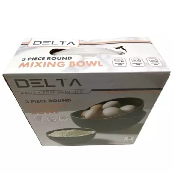 Delta Stoneware Mixing Bowl 3 Piece Set Round Matte Black Rose Gold Trim New - Picture 12 of 12